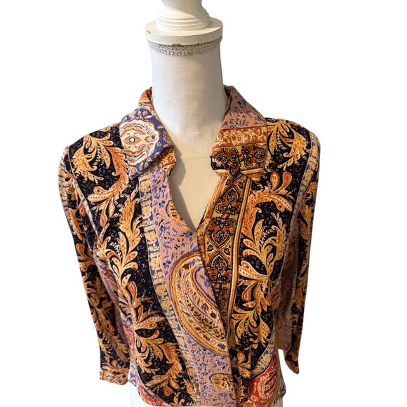 Rachel Zoe Cropped Collared Long Sleeve Top Rust Boho Print M - Picture 3 of 8